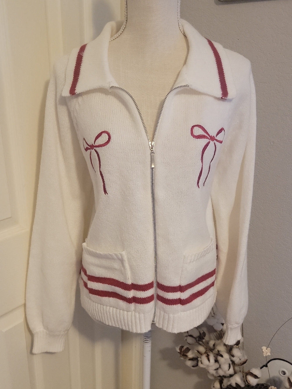Daisy White Zip-Up Knit Bomber with Pink Bow Details